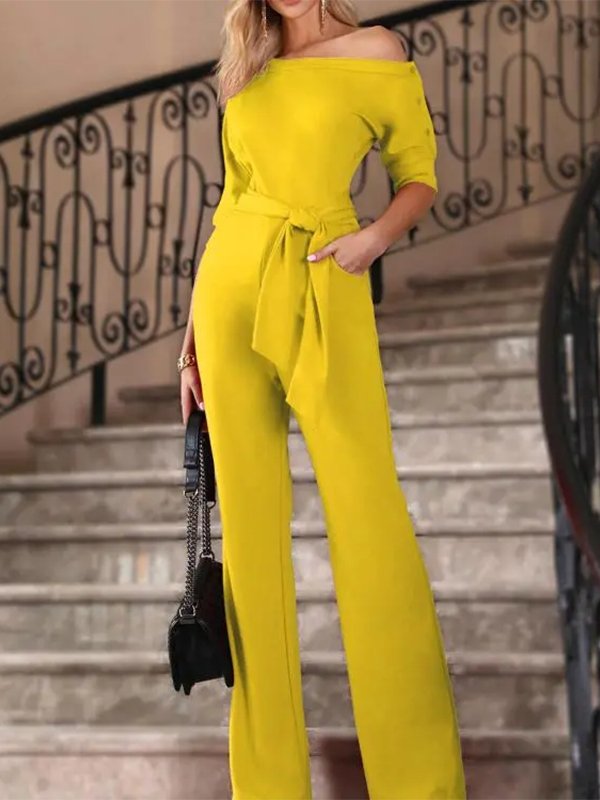 Women's Jumpsuits Solid Off The Shoulder Lace Up Jumpsuit - LuckyFash™