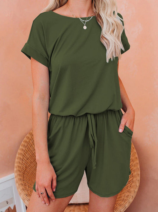 Women's Jumpsuits Solid Short Sleeve Drawstring Casual Jumpsuit - LuckyFash™