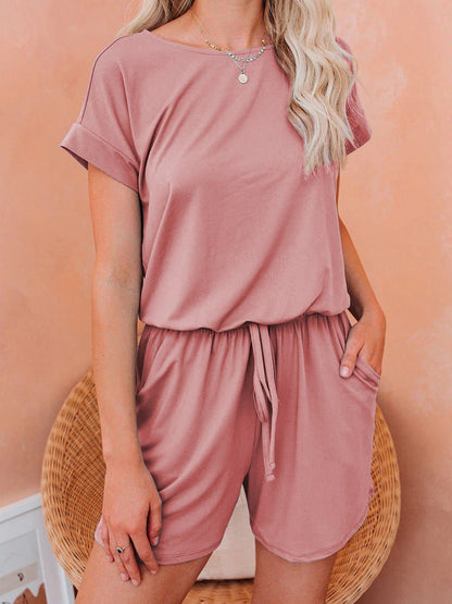Women's Jumpsuits Solid Short Sleeve Drawstring Casual Jumpsuit - LuckyFash™
