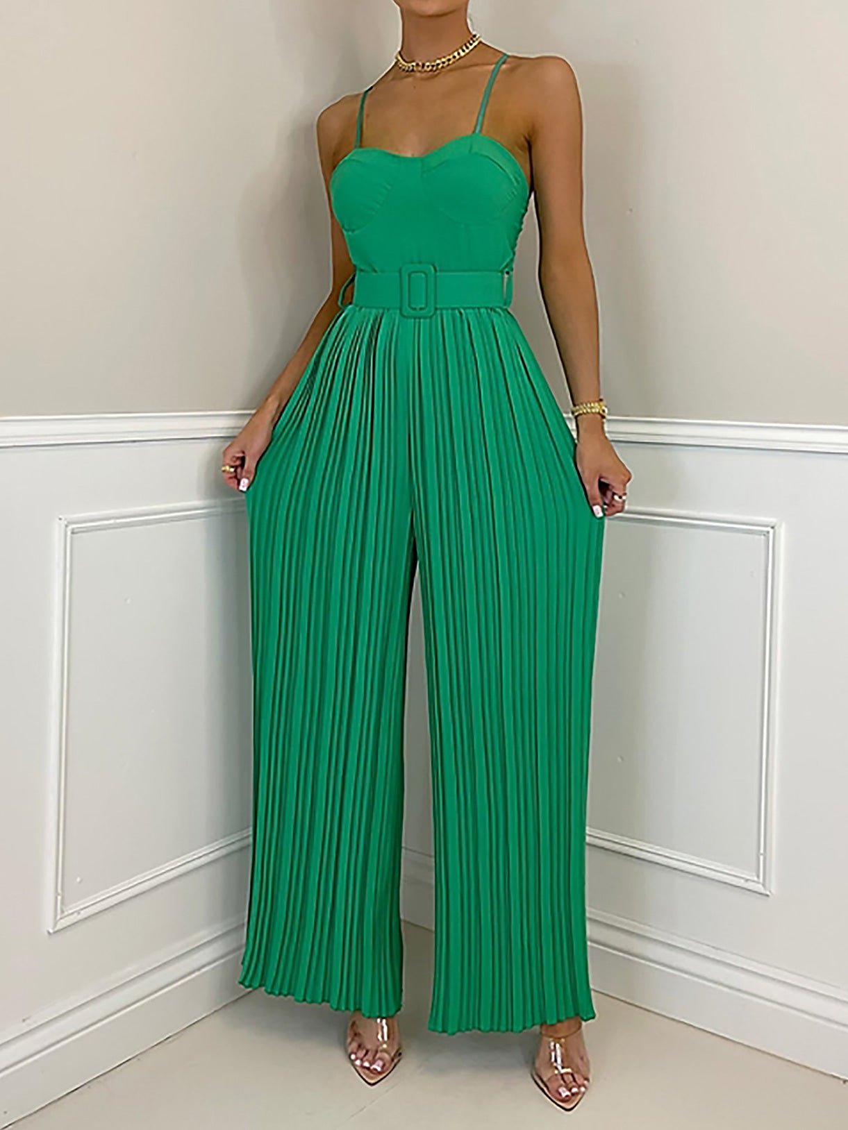Women's Jumpsuits Solid Sling Belt Pleated Wide-Leg Jumpsuit - LuckyFash™