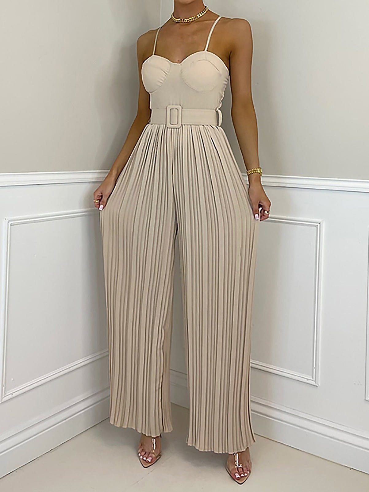 Women's Jumpsuits Solid Sling Belt Pleated Wide-Leg Jumpsuit - LuckyFash™