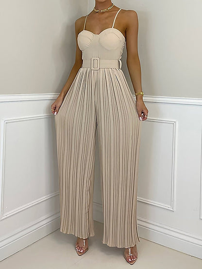 Women's Jumpsuits Solid Sling Belt Pleated Wide-Leg Jumpsuit - LuckyFash™