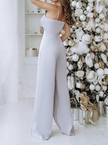 Women's Jumpsuits Solid Sling V-Neck Wide-Leg Jumpsuit - LuckyFash™