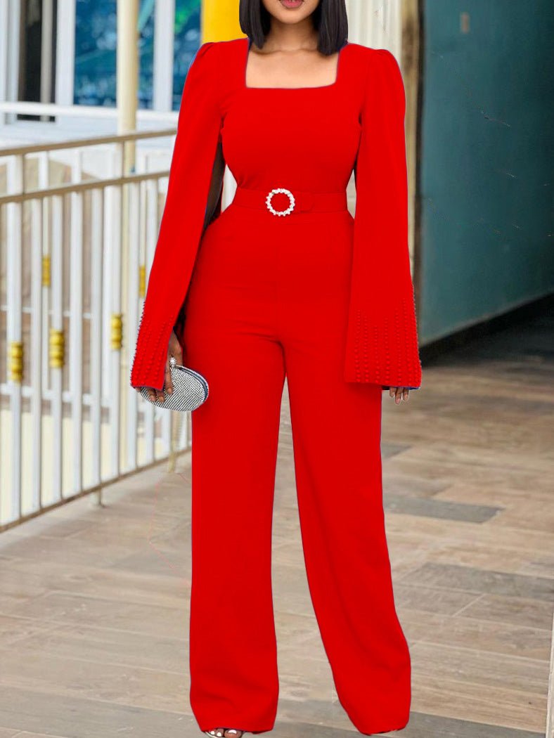 Women's Jumpsuits Solid Square Neck Beaded Wide-Leg Jumpsuit - LuckyFash™