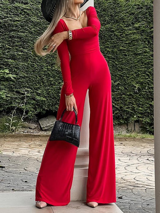 Women's Jumpsuits Solid Square Neck Long Sleeve Slim Fit Jumpsuit - LuckyFash™