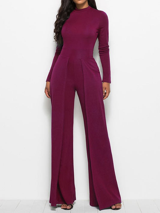 Women's Jumpsuits Solid Turtleneck Long Sleeve Wide Leg Jumpsuit - LuckyFash™