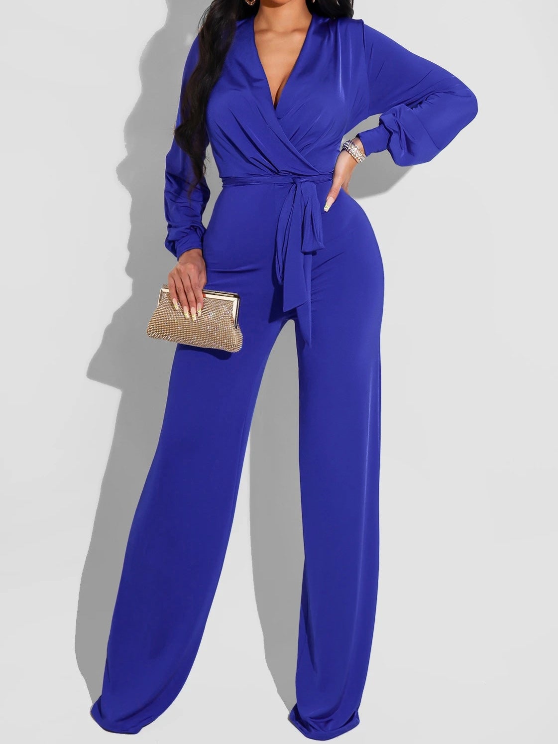 Women's Jumpsuits Solid V-Neck Belted Long Sleeve Jumpsuit - LuckyFash™