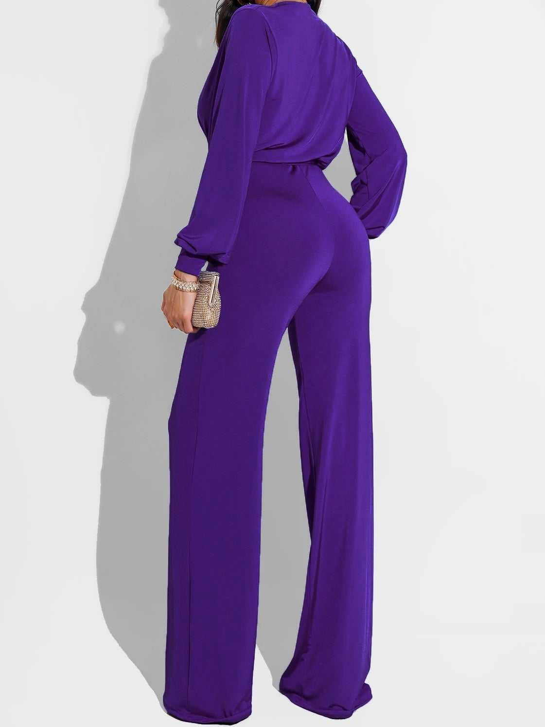 Women's Jumpsuits Solid V-Neck Belted Long Sleeve Jumpsuit - LuckyFash™