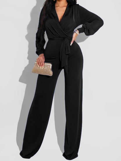 Women's Jumpsuits Solid V-Neck Belted Long Sleeve Jumpsuit - LuckyFash™