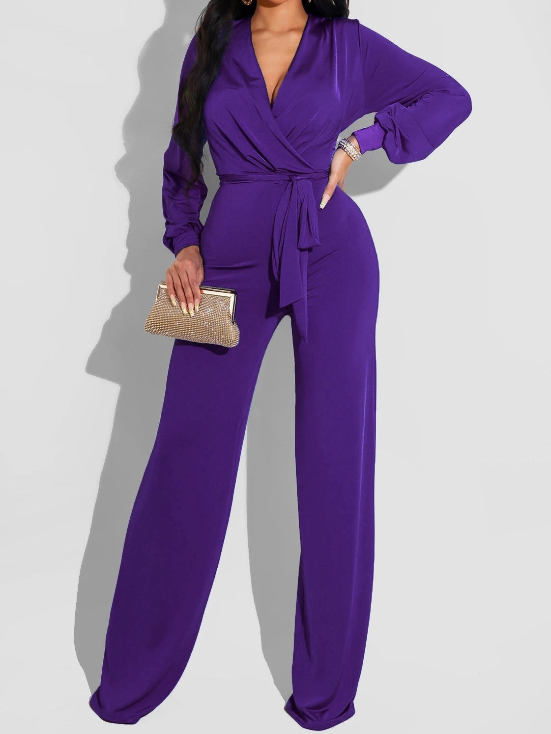 Women's Jumpsuits Solid V-Neck Belted Long Sleeve Jumpsuit - LuckyFash™