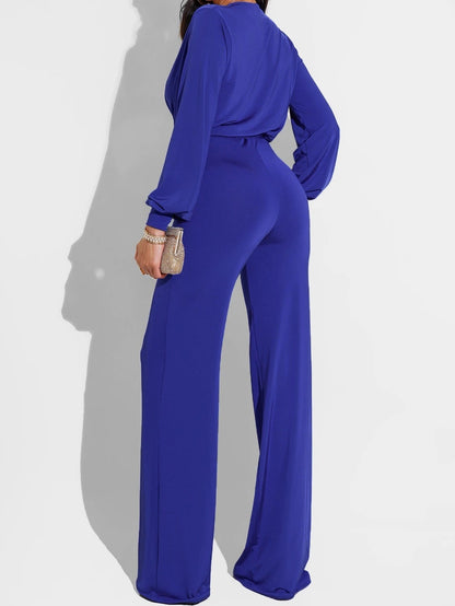 Women's Jumpsuits Solid V-Neck Belted Long Sleeve Jumpsuit - LuckyFash™