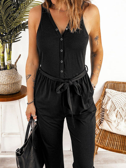 Women's Jumpsuits Solid V-Neck Belted Sleeveless Casual Jumpsuit - LuckyFash™