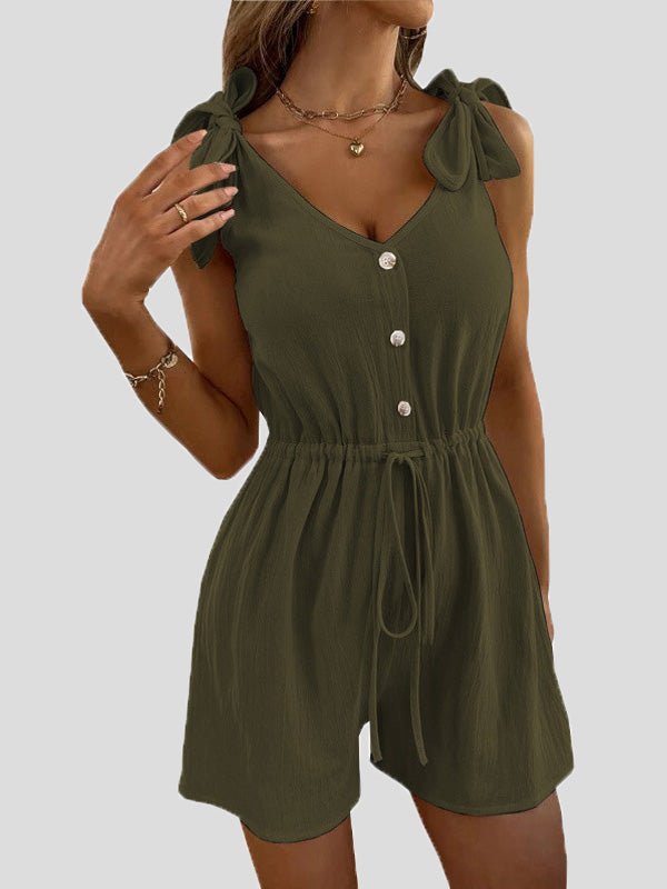Women's Jumpsuits Solid V-Neck Button Belted Jumpsuit - LuckyFash™