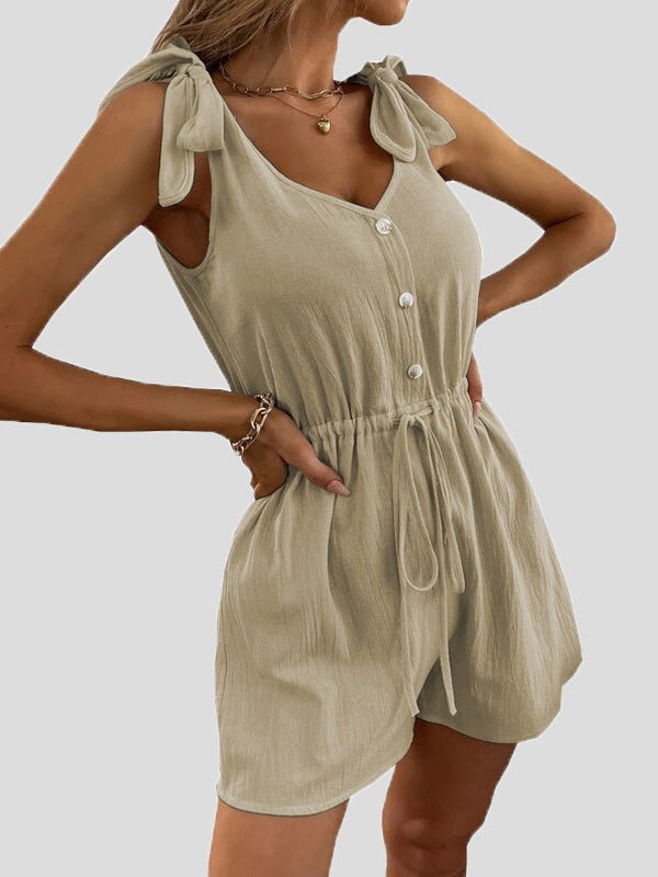 Women's Jumpsuits Solid V-Neck Button Belted Jumpsuit - LuckyFash™