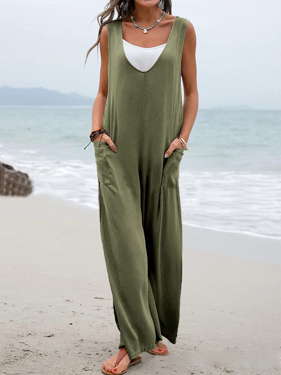 Women's Jumpsuits Solid V-Neck Pocket Wide-Leg Jumpsuit - LuckyFash™