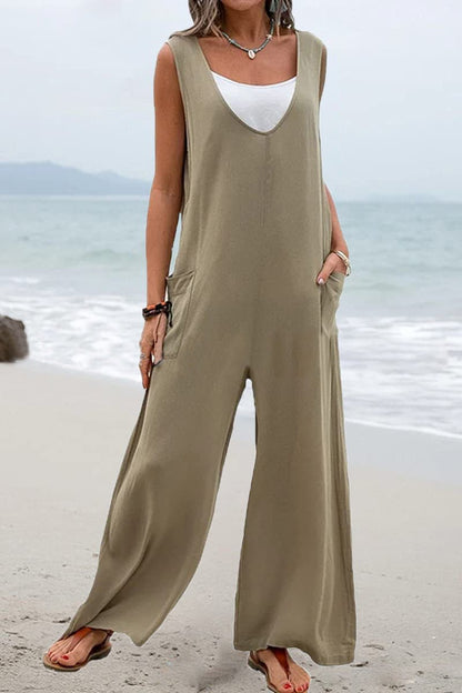Women's Jumpsuits Solid V-Neck Pocket Wide-Leg Jumpsuit - LuckyFash™