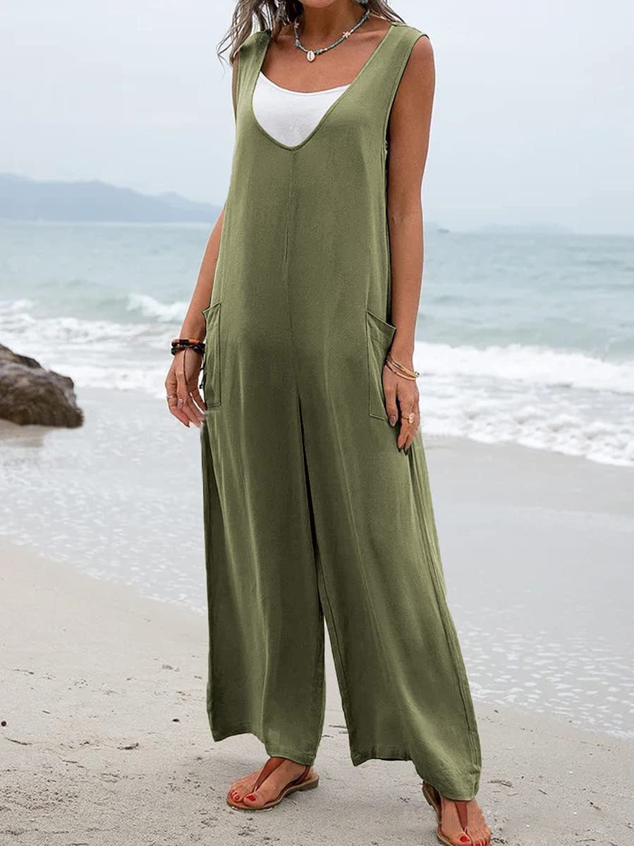 Women's Jumpsuits Solid V-Neck Pocket Wide-Leg Jumpsuit - LuckyFash™
