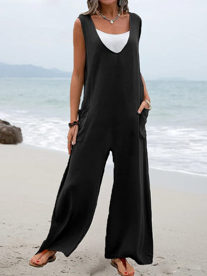 Women's Jumpsuits Solid V-Neck Pocket Wide-Leg Jumpsuit - LuckyFash™