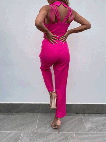 Women's Jumpsuits Solid V-Neck Sleeveless Open Back Slim Fit Jumpsuit - LuckyFash™