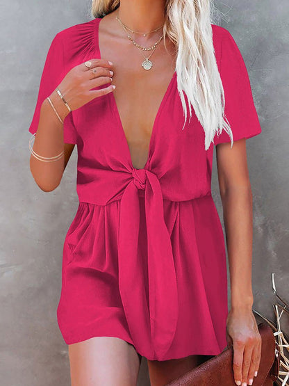 Women's Jumpsuits Solid V-Neck Tie Loose Short Sleeve Jumpsuit - LuckyFash™
