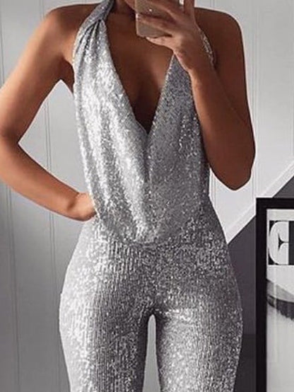 Women's Jumpsuits Sparkling Beads Deep V-Neck Sleeveless Jumpsuit - LuckyFash™