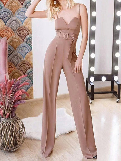 Women's Jumpsuits Strap Notched V Neck Belt Wide Leg Pants Jumpsuit - LuckyFash™