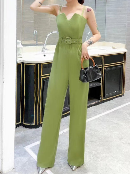 Women's Jumpsuits Strap Notched V Neck Belt Wide Leg Pants Jumpsuit - LuckyFash™