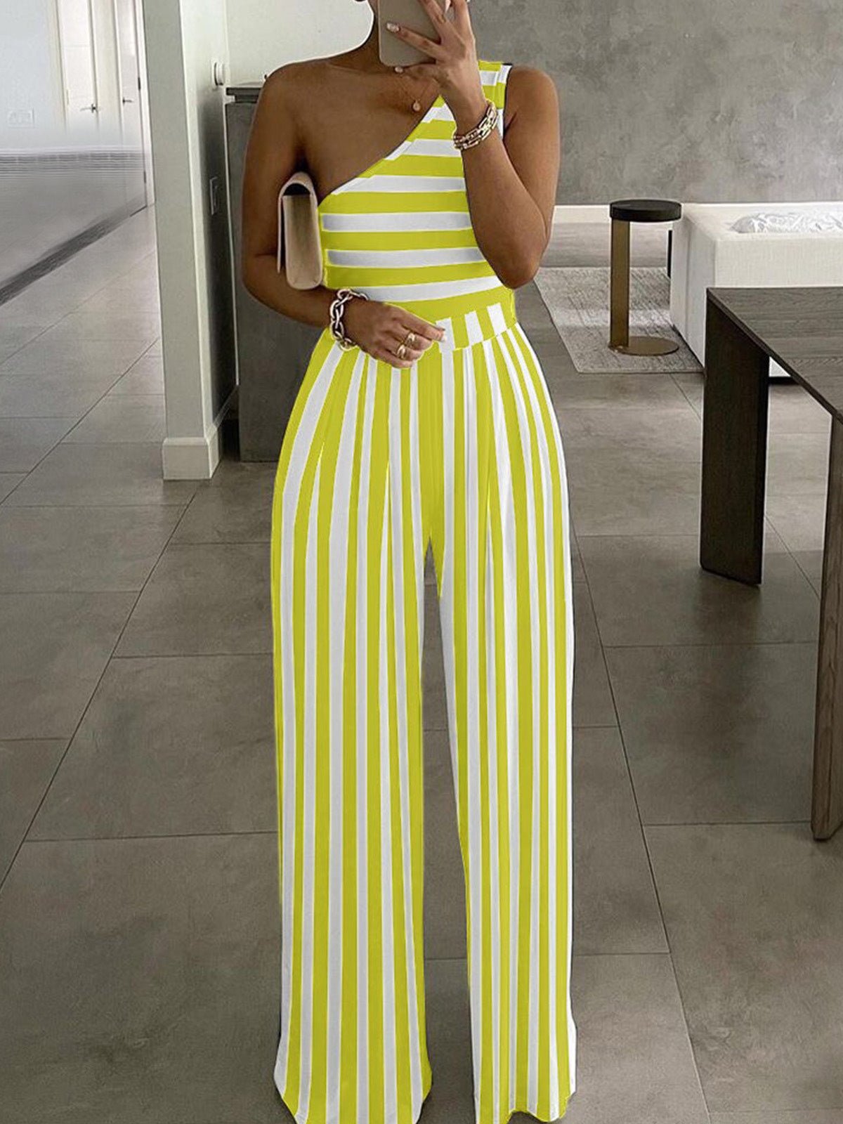 Women's Jumpsuits Striped Print One-Shoulder Jumpsuit - LuckyFash™