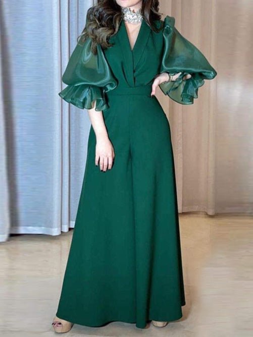 Women's Jumpsuits V-Neck Balloon Sleeve Wide-Leg Jumpsuit - LuckyFash™