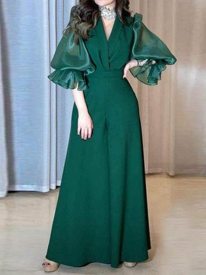 Women's Jumpsuits V-Neck Balloon Sleeve Wide-Leg Jumpsuit - LuckyFash™