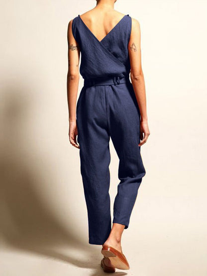 Women's Jumpsuits V-Neck Belt Sleeveless Pocket Casual Jumpsuit - LuckyFash™