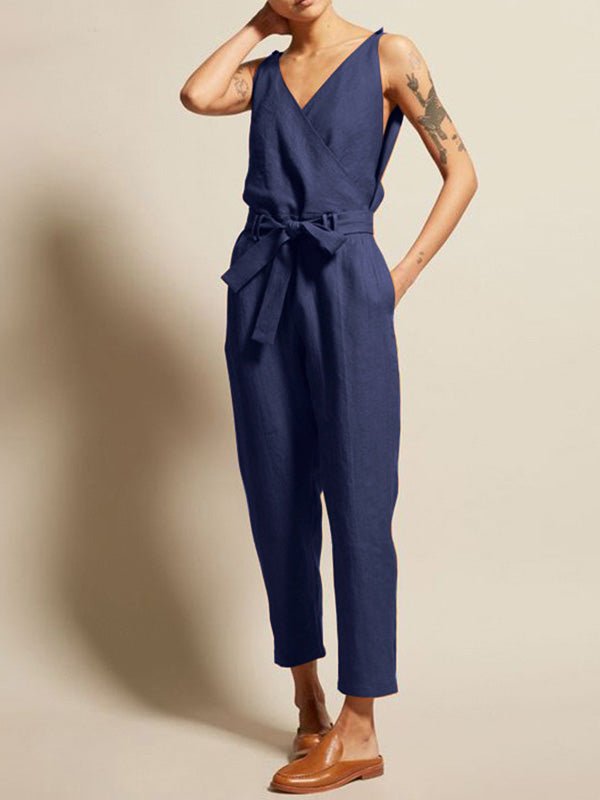 Women's Jumpsuits V-Neck Belt Sleeveless Pocket Casual Jumpsuit - LuckyFash™