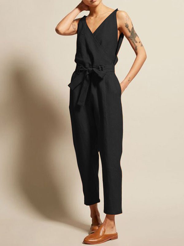 Women's Jumpsuits V-Neck Belt Sleeveless Pocket Casual Jumpsuit - LuckyFash™