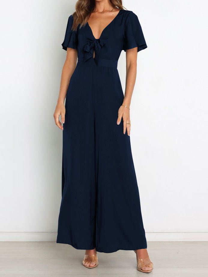 Women's Jumpsuits V-Neck Belted Short Sleeve Wide Leg Jumpsuit - LuckyFash™