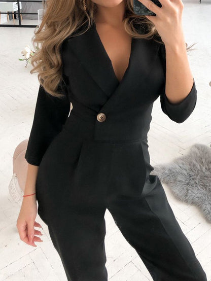 Women's Jumpsuits V-Neck Button Long Sleeve Jumpsuit - LuckyFash™