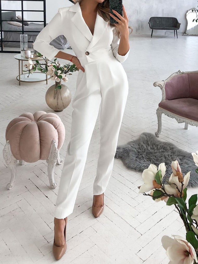 Women's Jumpsuits V-Neck Button Long Sleeve Jumpsuit - LuckyFash™