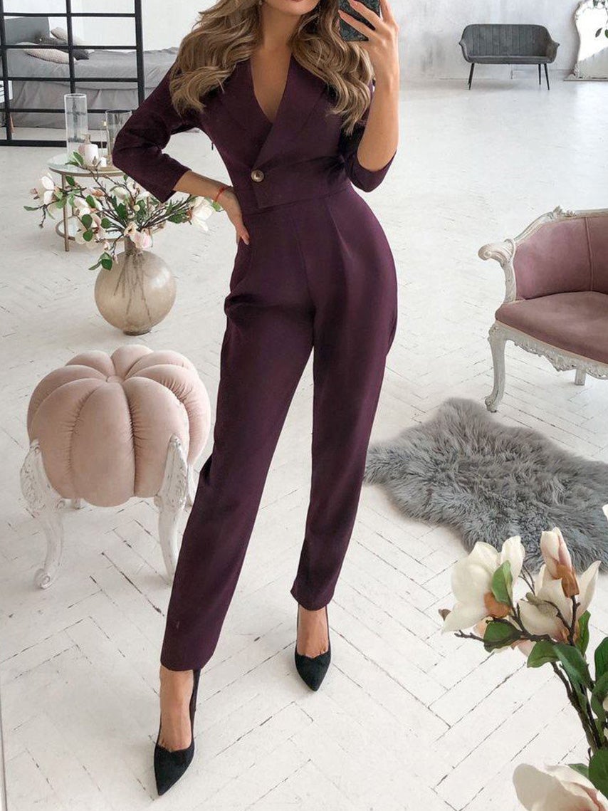 Women's Jumpsuits V-Neck Button Long Sleeve Jumpsuit - LuckyFash™