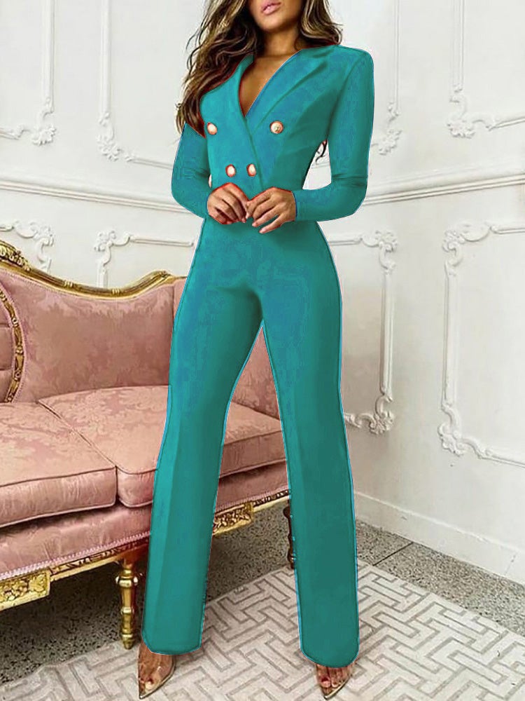 Women's Jumpsuits V-Neck Button Long Sleeve Slim Fit Jumpsuit - LuckyFash™