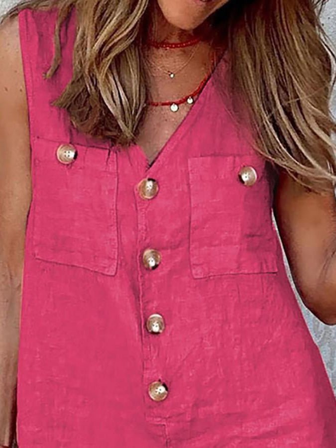 Women's Jumpsuits V-Neck Button Pocket Sleeveless Jumpsuit - LuckyFash™