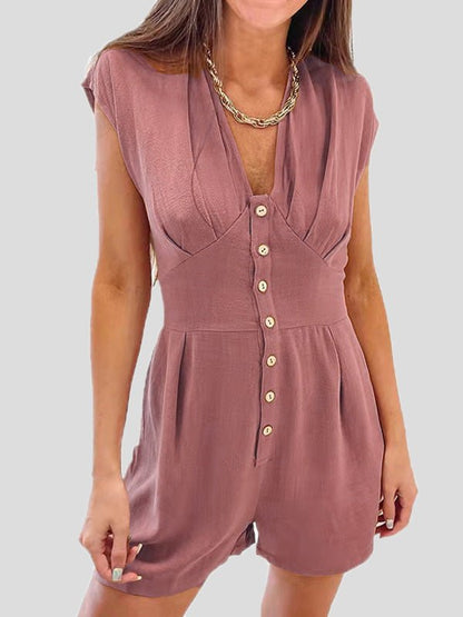 Women's Jumpsuits V-Neck Button Short Sleeve Jumpsuit - LuckyFash™