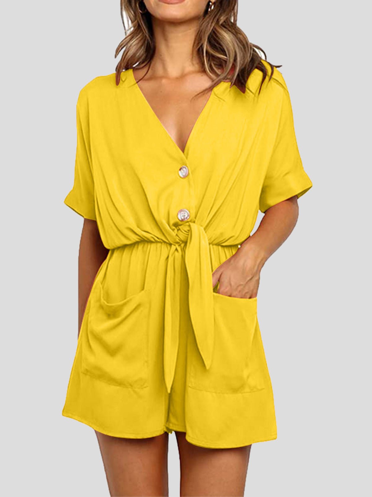 Women's Jumpsuits V-Neck Button Short Sleeve Pocket Belted Jumpsuit - LuckyFash™