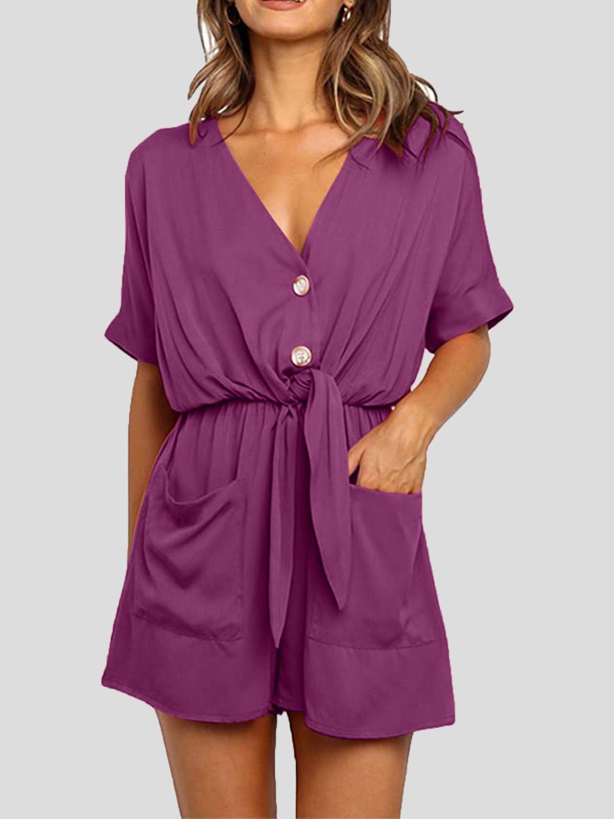 Women's Jumpsuits V-Neck Button Short Sleeve Pocket Belted Jumpsuit - LuckyFash™