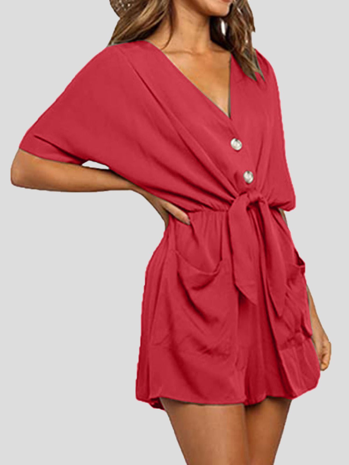 Women's Jumpsuits V-Neck Button Short Sleeve Pocket Belted Jumpsuit - LuckyFash™