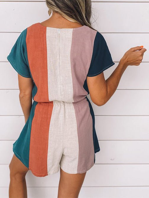 Women's Jumpsuits V-Neck Drawstring Striped Short Sleeve Jumpsuit - LuckyFash™