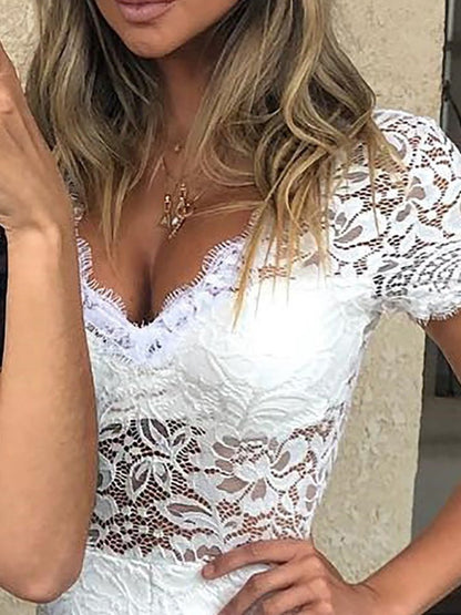 Women's Jumpsuits V-Neck Lace Cutout Slim Fit Jumpsuit - LuckyFash™