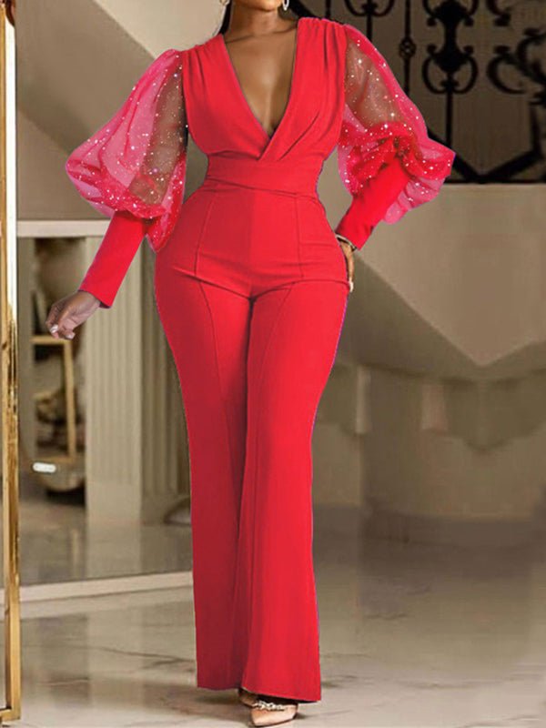 Women's Jumpsuits V-Neck Mesh Panel Long Sleeve Slim Jumpsuits - LuckyFash™