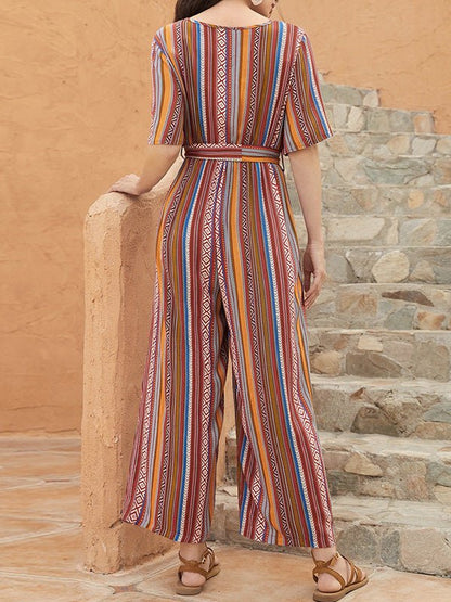 Women's Jumpsuits V-Neck Multicolor Striped Short Sleeve Jumpsuit - LuckyFash™