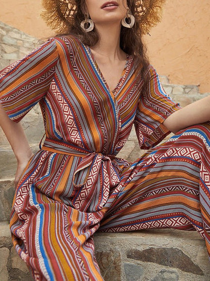 Women's Jumpsuits V-Neck Multicolor Striped Short Sleeve Jumpsuit - LuckyFash™