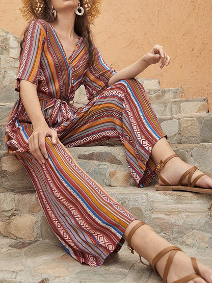 Women's Jumpsuits V-Neck Multicolor Striped Short Sleeve Jumpsuit - LuckyFash™