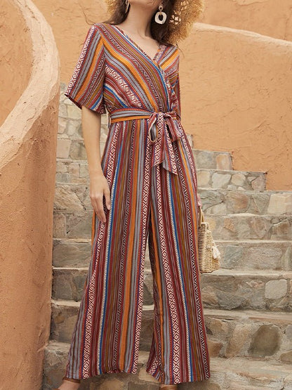 Women's Jumpsuits V-Neck Multicolor Striped Short Sleeve Jumpsuit - LuckyFash™